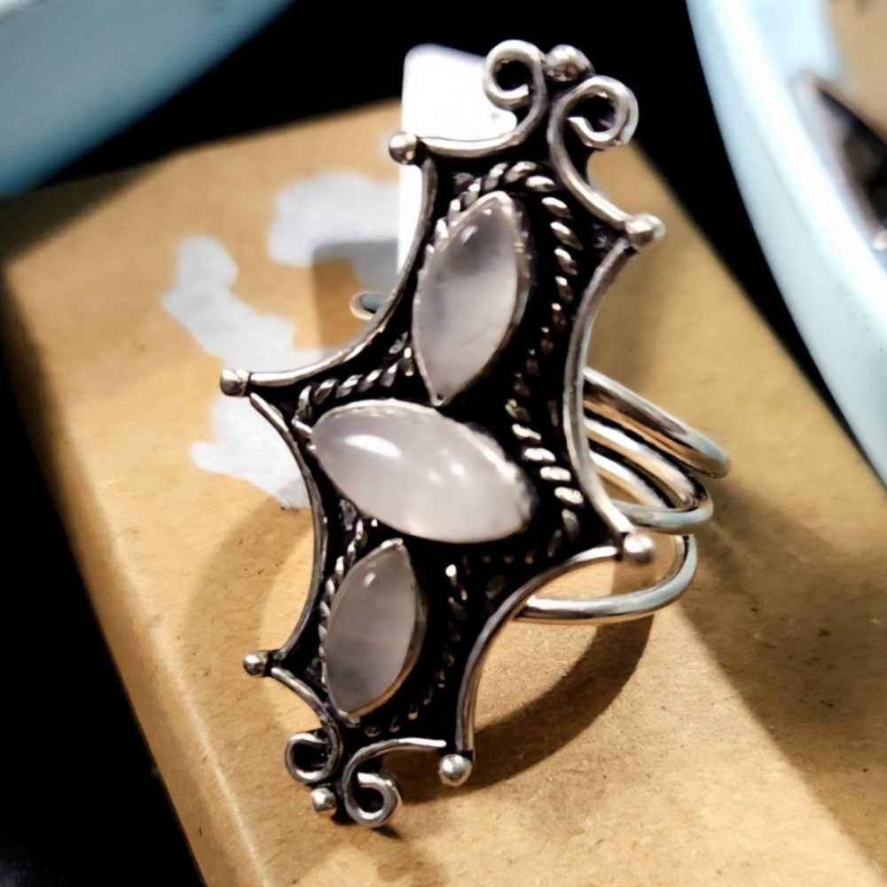 Size 10 1/2, Vintage-Inspired Silver and White Women's Ring